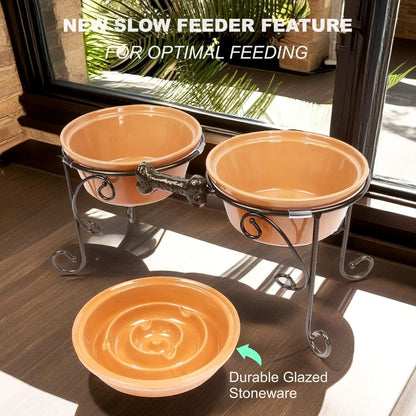 Elevated Dog Bowl Stand with 3 Large Ceramic Bowls – Raised Feeding Station for Medium & Large Dogs, Includes 2 Standard Bowls + 1 Slow Feeder, Durable Iron Frame, Non-Slip (White)