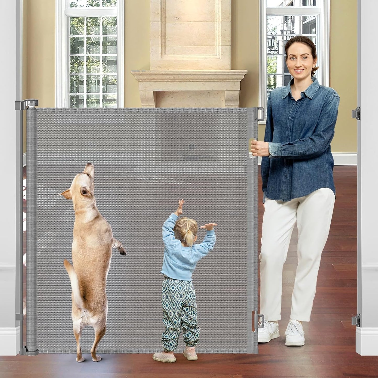 48" Extra Tall Retractable Dog Gate Indoor Prevent Your Baby/Dog/Cat from Jumping Over 55" Wide Extra Tall Retractable Baby Gate for Doorway Mesh Gates for Kids or Pets Puppy Gates for the House, Gray