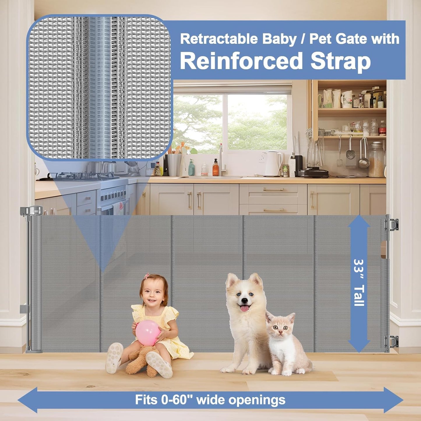 Reinforced 90 Inch Retractable Baby Gates Extra Wide Baby Gate with Reinforced Strips, 7.5ft Long Retractable Dog Gate for The House 33 Inch Tall Extra Long Pet Gates for Wide Openings, Black