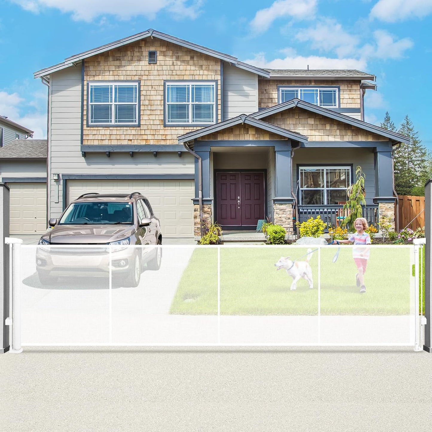 236" Retractable Baby Gate Extra Wide, 41" Tall Retractable Dog Gate for Stairs, Doorways, Decks, Mesh Gate Long Child Gate Pet Gate for Indoor, Outdoor, with Reinforced Mesh Rods, Dual Locks