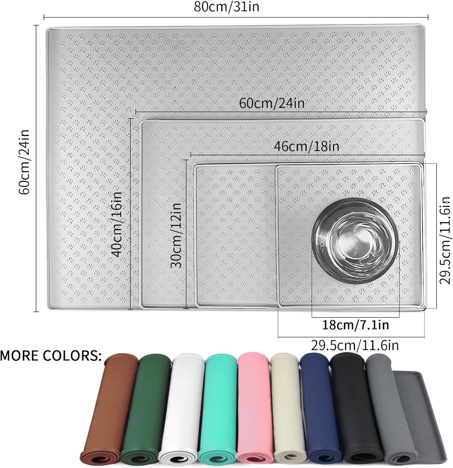 Ptlom Pet Placemat for Dog and Cat, Mat for Prevent Food and Water Overflow, Suitable for Small, Medium and Big Pet, 18" 12", Grey, Silicone