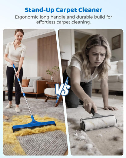 Carpet Rake for Pet Hair Removal - 54''Adjustable Long Handle Carpet Rake, 3 in 1 Reusable Silicone Carpet Broom with 2 Lint Scrapers, Pet Hair Remover Broom for Rugs, Mats, Couch, Car Interiors