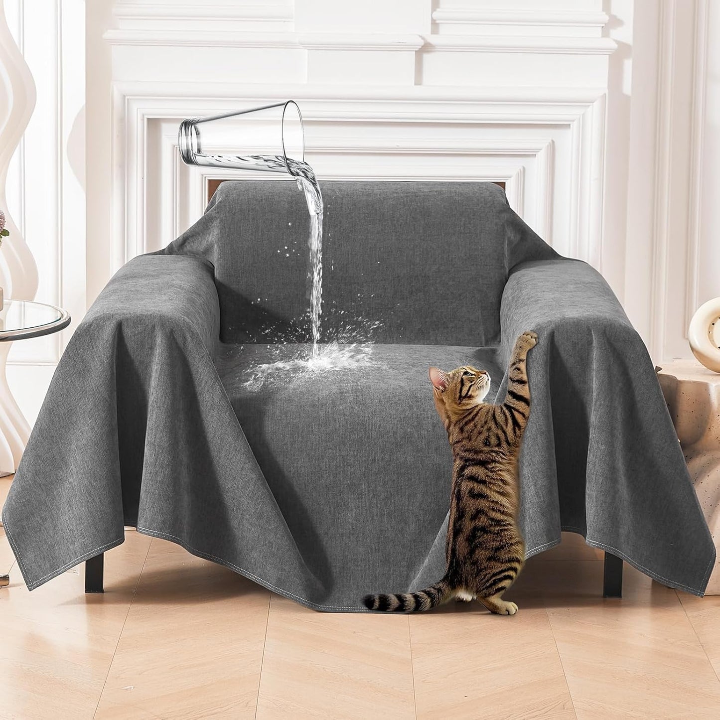 Deep Dream Cat-Scratch Resistant Couch Cover, Waterproof Sofa Cover for 3 Cushion Couch Washable, Pet Friendly Couch Protectors Anti Slip Thickened Love Seat Slipcovers for Pets, 71" x 118", Dark Grey