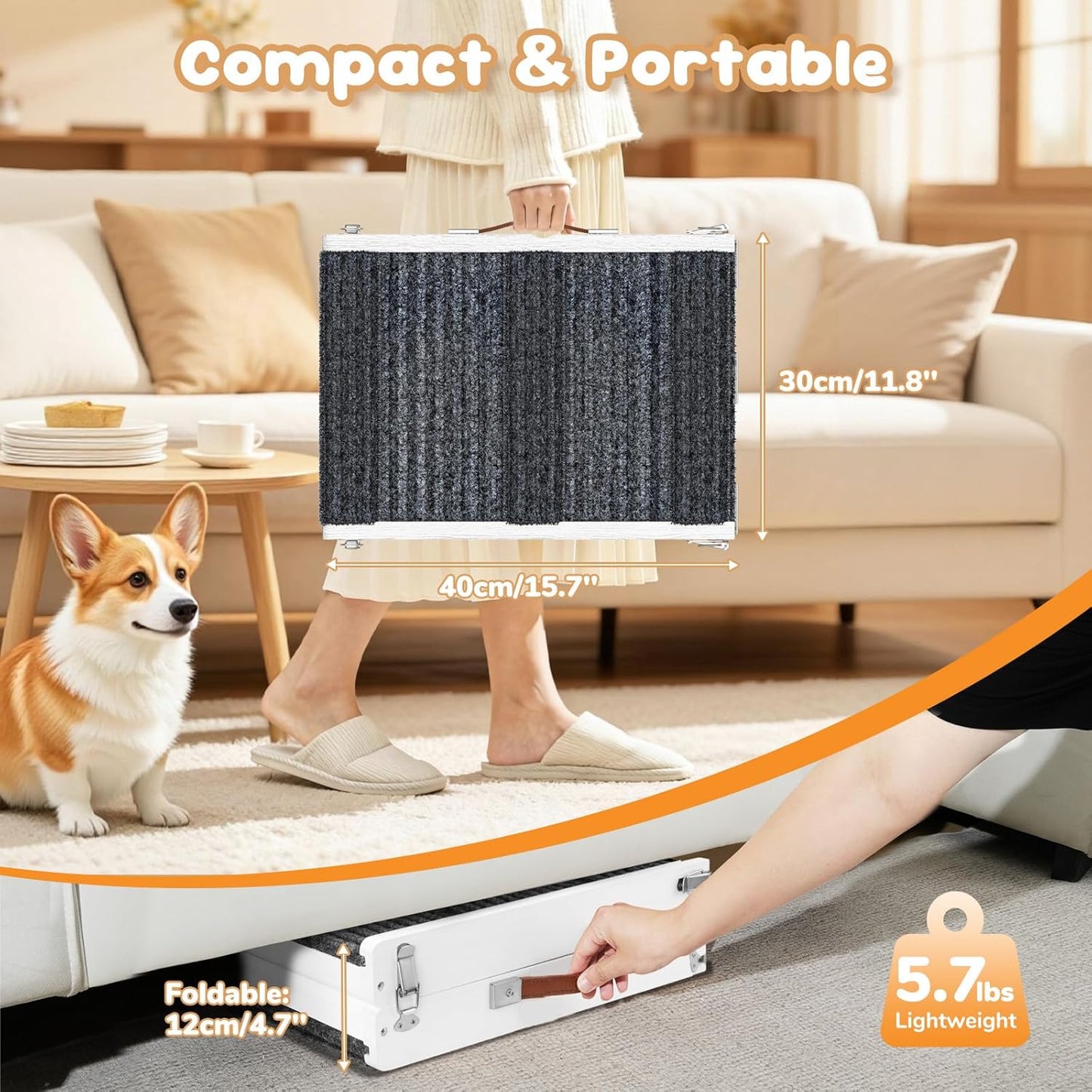 Pawaboo Foldable Dog Ramp, Small Dog Ramp for Couch, 4 Adjustable Height from 13'' to 21", Stable Pet Steps with Non-Slip Pad, Portable Pet Ramps Use for Couch Sofa Stairs, Wood