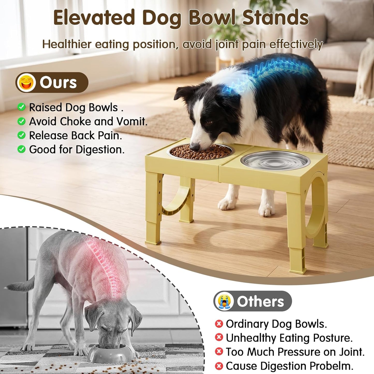 XIAZ Elevated Dog Bowls Large Breed Raised Dogs Bowl Stand Large/Medium Sized Dog Slow Feeder Dogs Bowls Food Water Stands 5 Heights Adjustable 9/11/12/14in Pet Feeder Dish Station