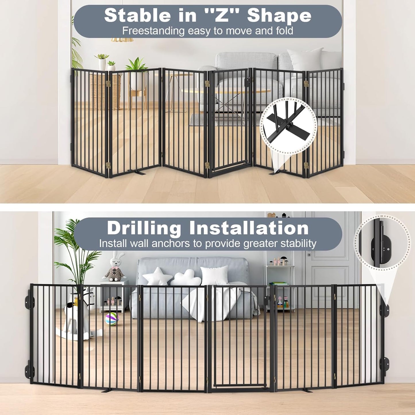 Metal Freestanding Dog Gates with Door for Outdoor Indoor,80'' Extra Wide 32'' Tall Free Standing Dog Gate for Doorways,Large Openings,Deck,Yard,Foldable Safety Pet Fence(Black,4 Panels)
