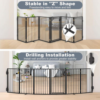Metal Freestanding Dog Gates with Door for Outdoor Indoor,80'' Extra Wide 32'' Tall Free Standing Dog Gate for Doorways,Large Openings,Deck,Yard,Foldable Safety Pet Fence(Black,4 Panels)