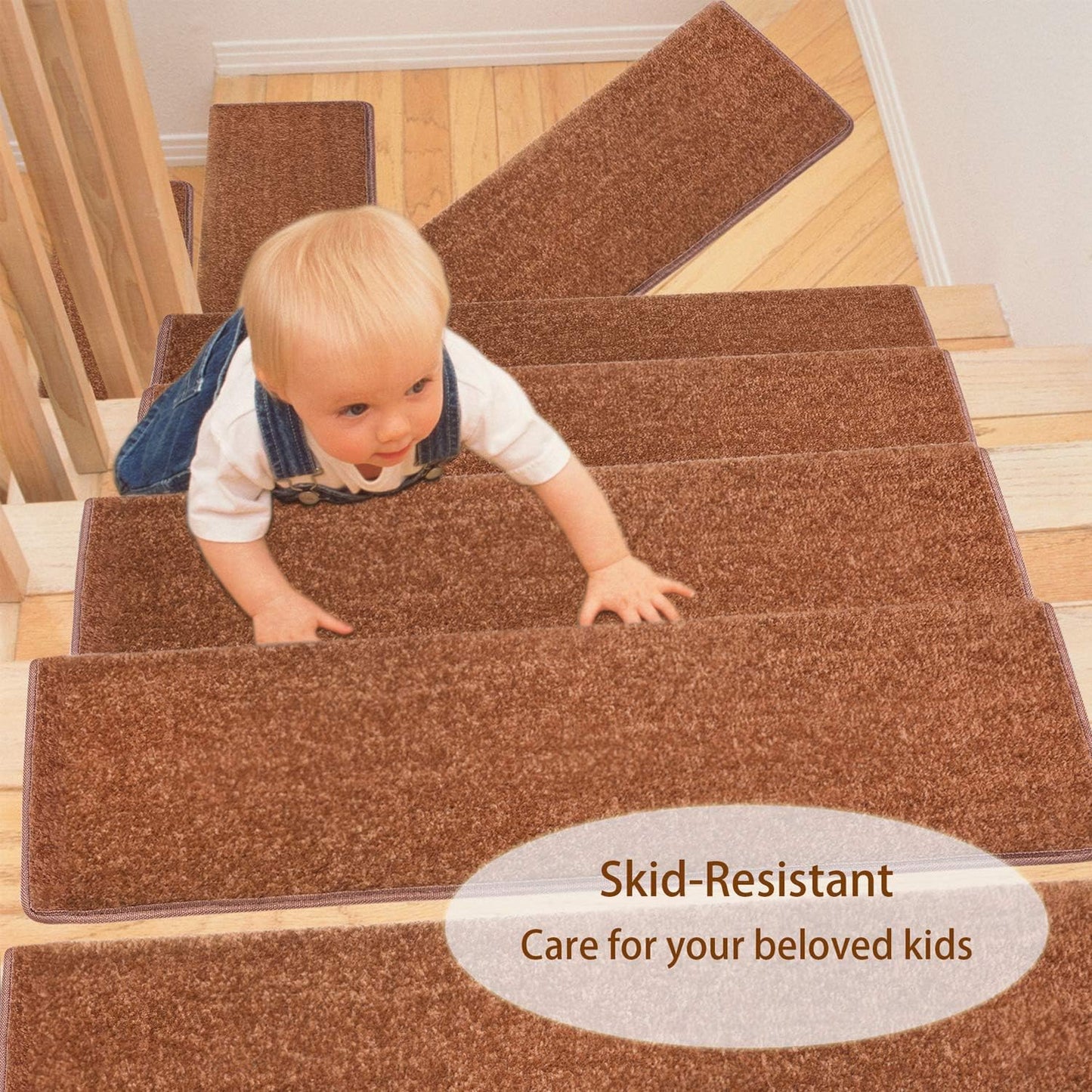 PURE ERA Bullnose Carpet Stair Treads Set Tape Free Non-Slip Indoor Stair Protectors Pet Friendly Rugs Covers Soft Skid Resistant Washable Reusable 9.5" x 30"(14 Pieces,Cream Gray)
