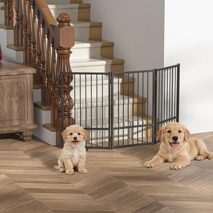 SNUOWU Full Metal Freestanding Dog Gate with Door, 32''Height Foldable Pet Dog Fence for Indoor & Outdoor, 4 Panels Extra Wide Free Standing TallDog Gates for Doorways,House,Stairs,Porch,Deck,Yard