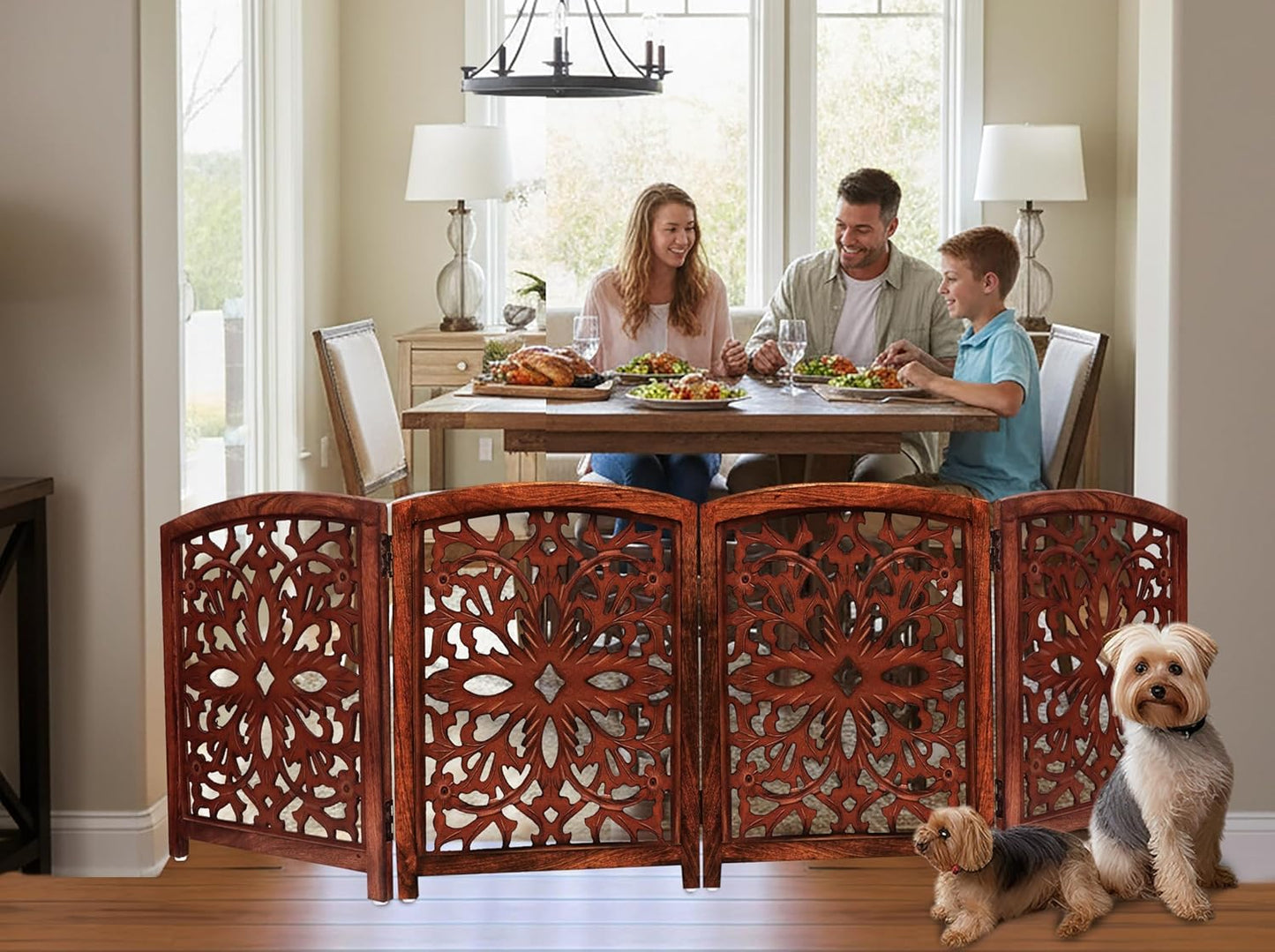 Croft&Cane Wooden Foldable Pet Dog Safety Gate – 3 Panel Freestanding Indoor Pet Fence (20 inches W x 24 inches H) – Hand-Carved Solid Wood & MDF – Fully Assembled - Antique Brown