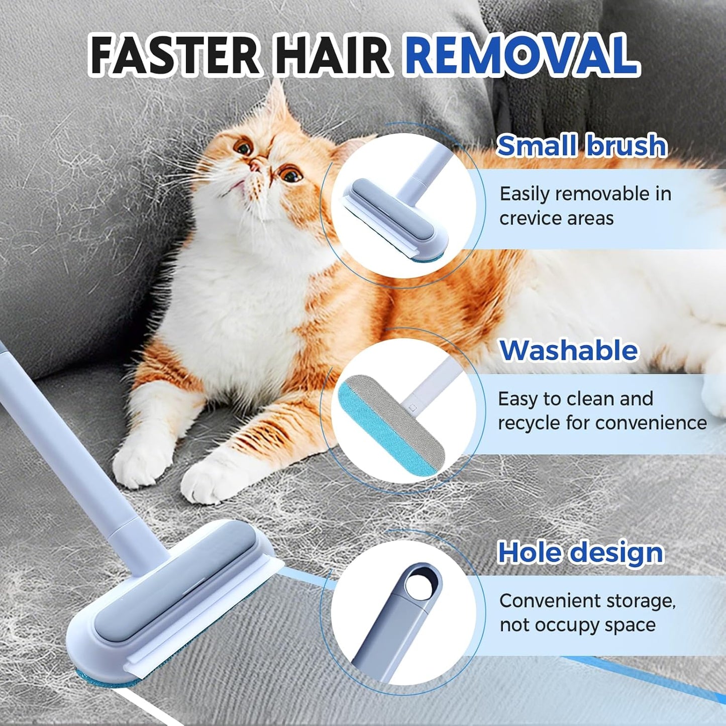 Pet Hair Remover for Couch, 4 in1 Cat and Dog Hair Removal Tool with 17.7inch Long Handle, Washable Cat Hair Remover Brush for Furniture, Couch, Carpet, Clothes and Laundry (1 Set)