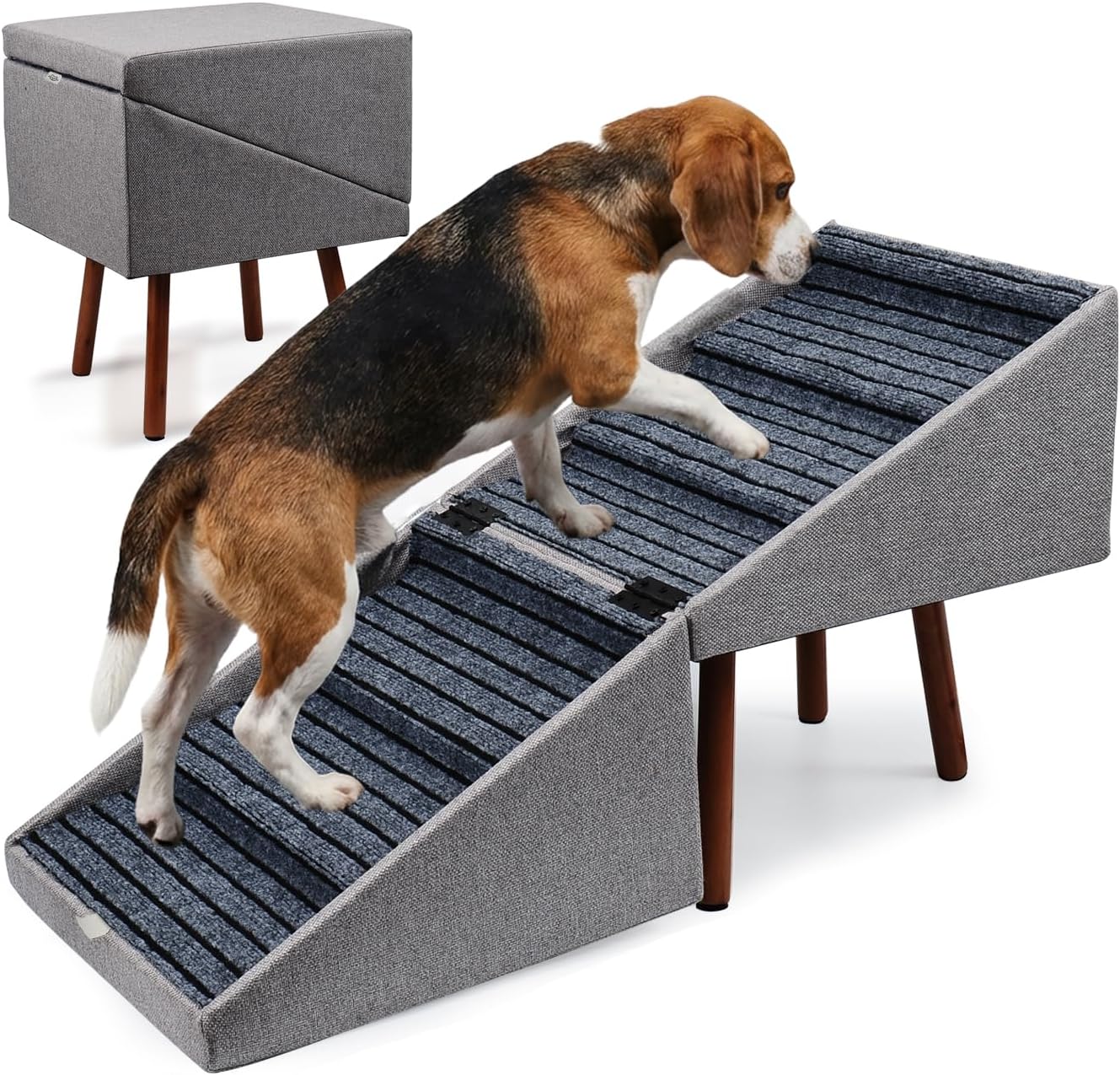 Dog Stairs for High Bed, 2-in-1 Ottoman Dog Stairs, 21 Inch Working Height, 6 Steps and Non-Slip Design for Large Dogs, Wooden Pet Furniture