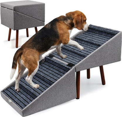 Dog Stairs for High Bed, 2-in-1 Ottoman Dog Stairs, 21 Inch Working Height, 6 Steps and Non-Slip Design for Large Dogs, Wooden Pet Furniture