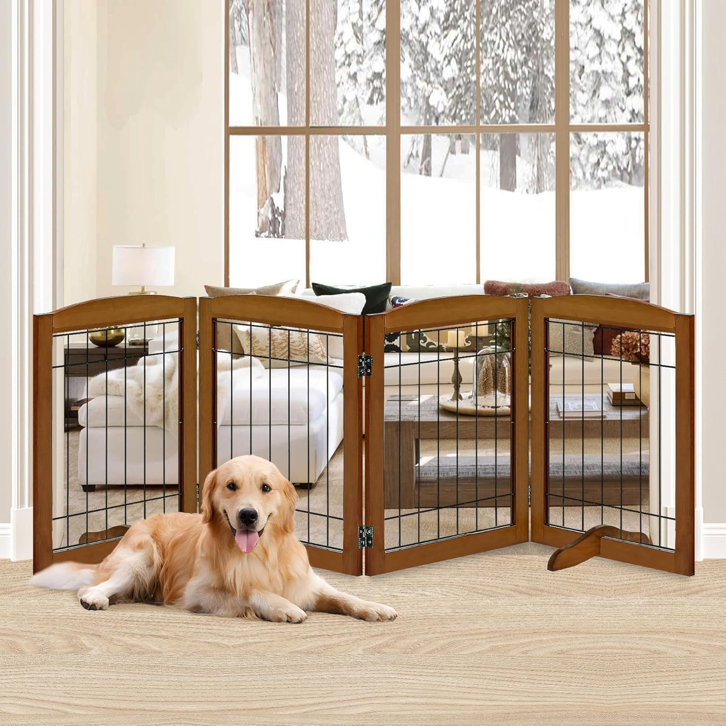 LZRS 2-Panel Freestanding Foldable Wood Dog Gate – Solid Wood & Steel Wire, Chew-Resistant Pet Barrier for Indoor Use, Ideal for Small to Medium Dogs, White