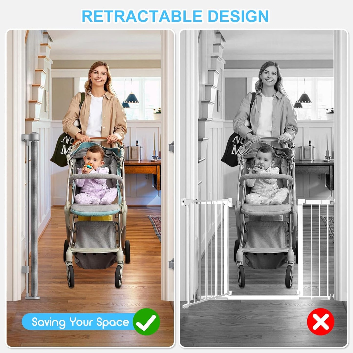 Upgrade 120 inch Retractable Baby Gates, EZIGO Extra Wide Baby Gate for Large Opening Extra Long Mesh Gate for Kids or Pet Dog Gate Child Safety Gate for Stairs Hallways Doorway Indoor Outdoor, Gray