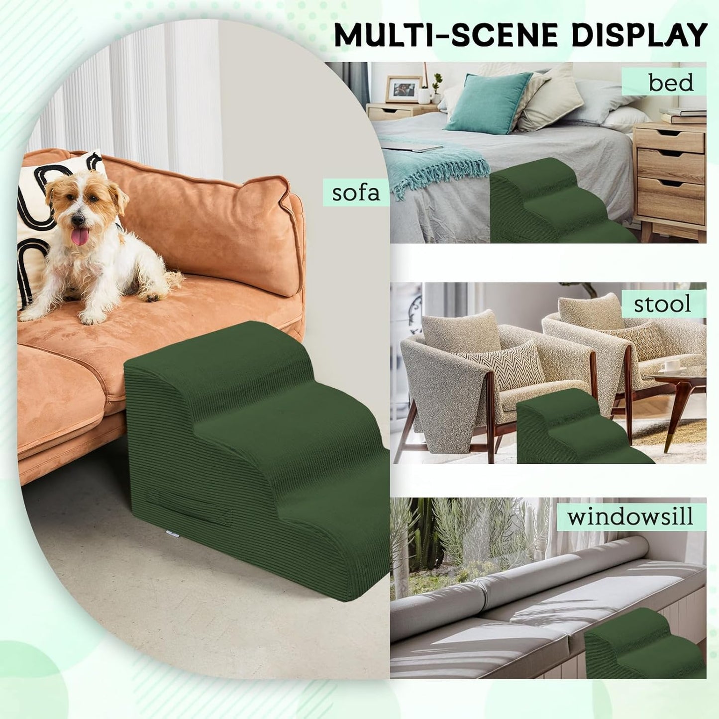 Mesa Lemon Dog Stairs & Steps for High Beds, 3 Steps High Density Foam Waterproof Dog Ramp for Small Dogs and Cats, Pet Stairs with Removable Washable Cover for Bed, Couch, Sofa and Car (H:16")