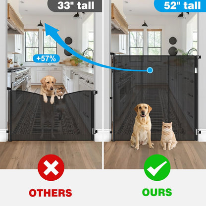 Reinforced 52" Extra Tall Dog Gate for Doorway, Jump-Resistant & Prevent Crawling Underneath Retractable Dog Gates Indoor, 0-55" W Retractable Baby Gate for Doorway, Safety Extra Tall Cat Gate, White