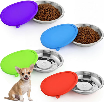 Patelai 4 Pcs Stainless Steel Dog Bowls with Silicone Lids Portable Food and Water Dishes for Pets Sealable Containers for 6.3" for Cats & Small Dogs (Red,Purple)