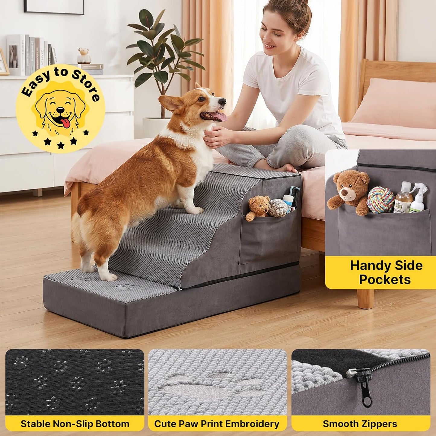 Large Dog Stairs – Extra Large Dog Steps for Bed, Couch & Car, 6-Step Pet Steps for Puppies & Senior Dogs, Pet Stairs with Washable Cover, Side Pockets, Non-Slip Bottom, 43.3" L x 19.7" W Grey