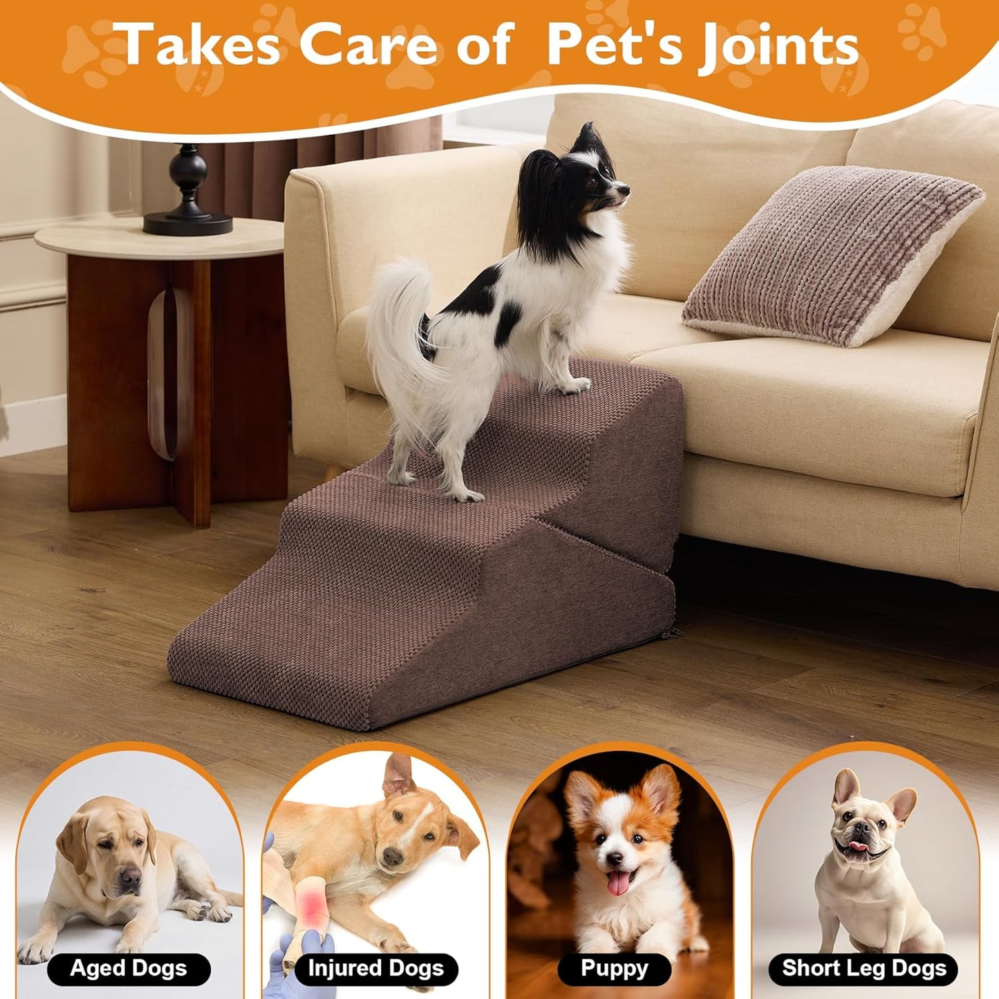 Dog Stairs for Bed 23’’ H, 5-Step Dog Steps for High Bed, Foldable Pet Stairs for Small Dogs and Cats to Get on Beds, Couch, Non-Slip Balanced Pet Steps and Ramp with Waterproof Cover, Grey