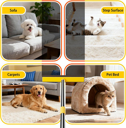 Rubber Broom for Pet Hair Removal, Carpet rake with Squeegee for Cleaning Pet Hair, 52 inch Long Handle Rubber Broom,Dual-Sided for Small Fluff Carpet, Hardwood Floor, Tile,Orange