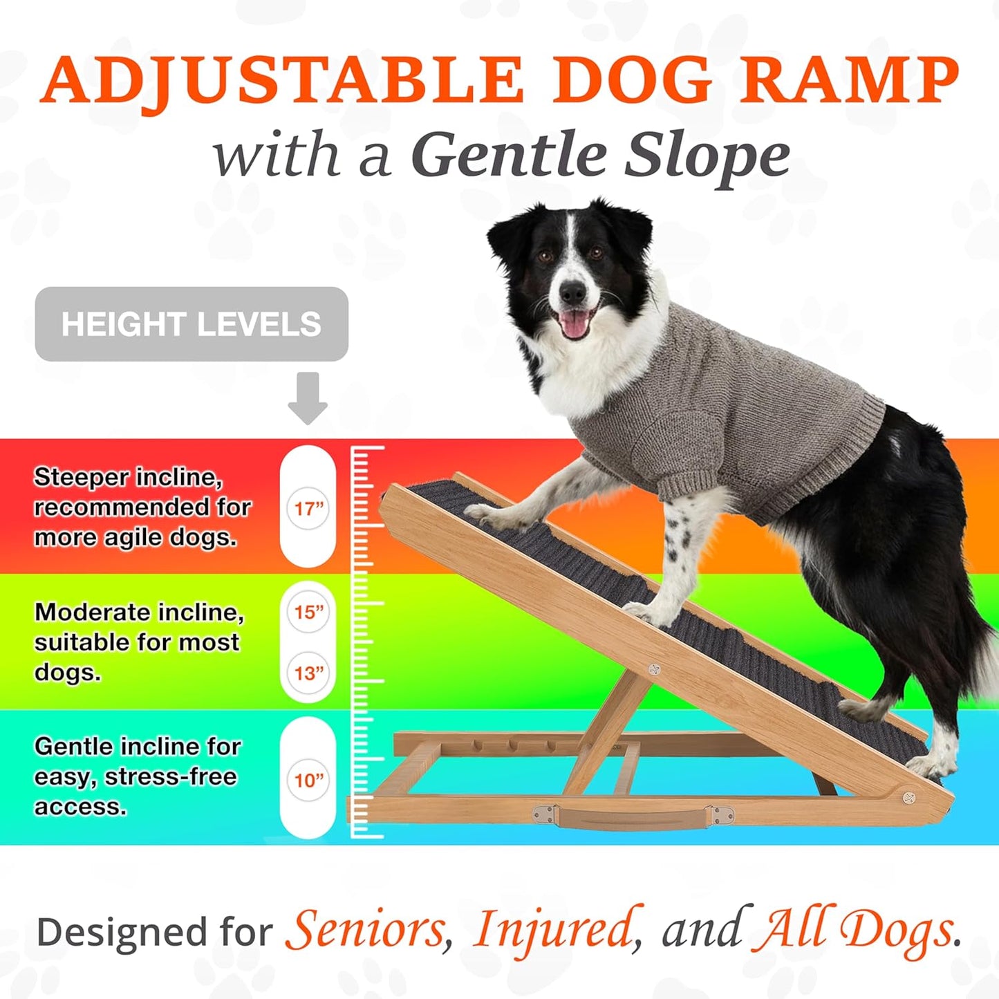 Adjustable Dog Ramp for Bed - 34" Long Foldable Wooden Ramp for Dogs to Get on Bed, Couch, or Car with 12.6" Wide Walking Space (Natural Wood with Gray Carpet)