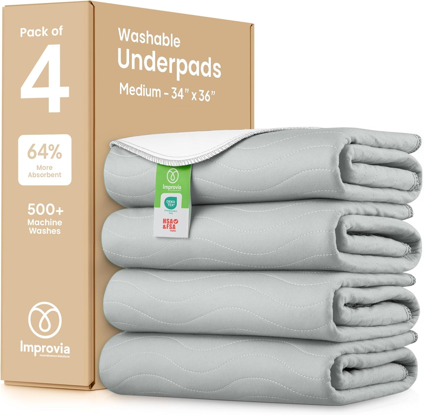 IMPROVIA® Washable Underpads, 34" x 36" (Pack of 4) - Heavy Absorbency Reusable Bedwetting Incontinence Pads for Kids, Adults, Elderly, and Pets - Waterproof Protective Pad for Bed, Couch, Sofa, Floor