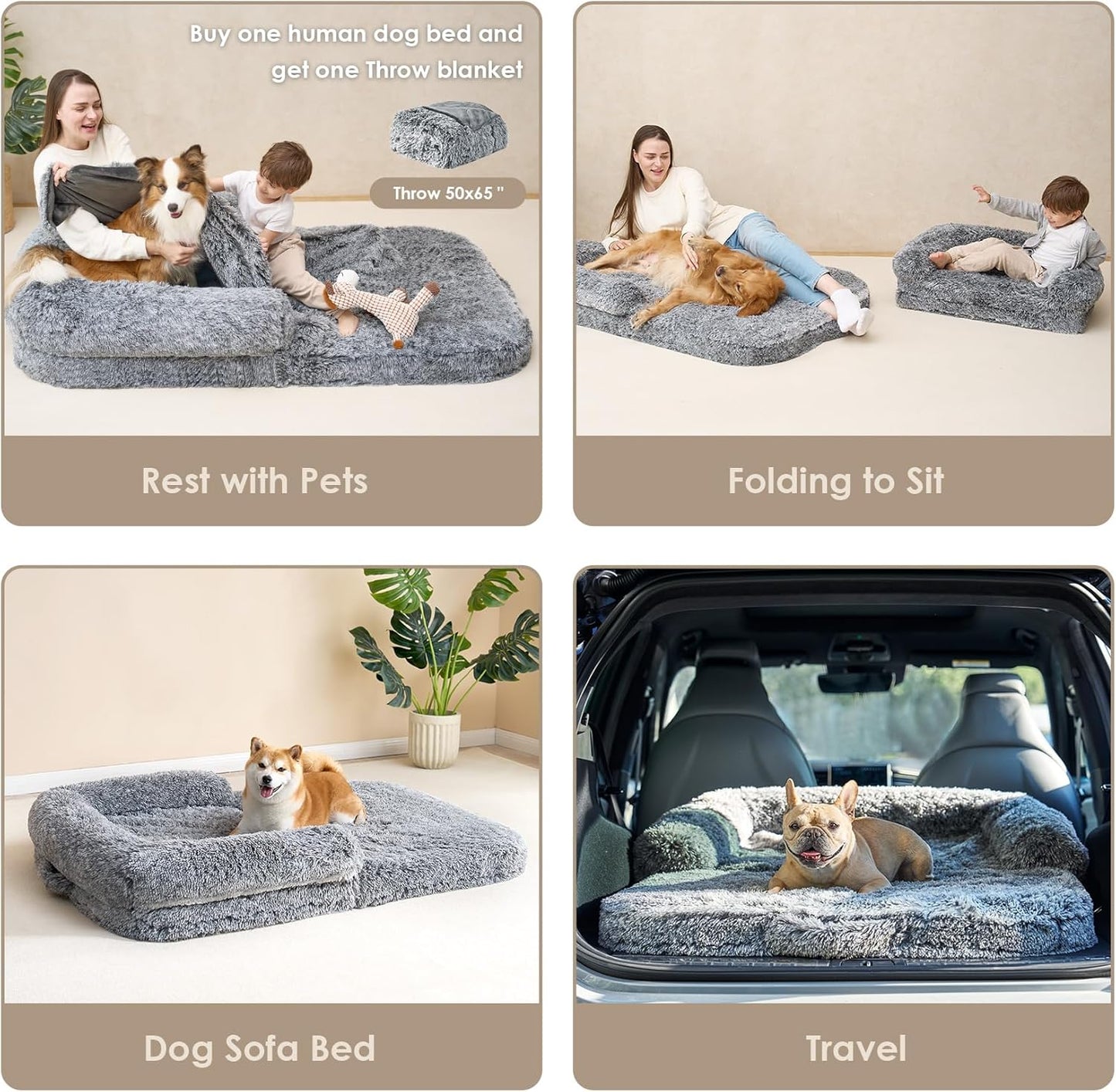 EHEYCIGA Foldable XXL Dog Bed for Large Sized Dog, 54"x38"x7.5" Faux Fur Fluffy Pet Couch Bed, Orthopedic Calming Memory Foam Big Pet Bed, Washable Pet Sofa Bed with Non-Slip Bottom, Dark Grey