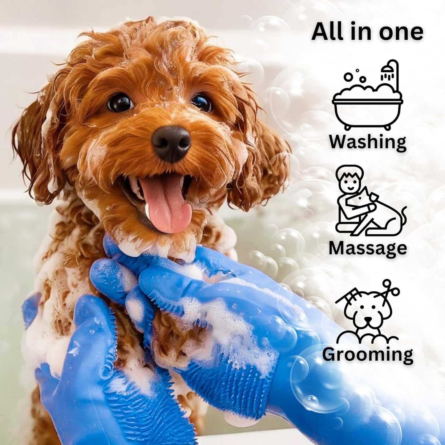Dog Washing Gloves with Bristle Scrubbers, Reusable Silicone Gloves Ideal for Pet Bathing, Massaging & Grooming (Gray)
