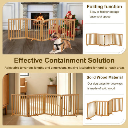 Wooden Foldable Dog Gate Freestanding 4 Panels Puppy Safety Fence 80.9" W x 23.6" H Indoor Pet Barrier for Stairs Hallways Doorways Brown