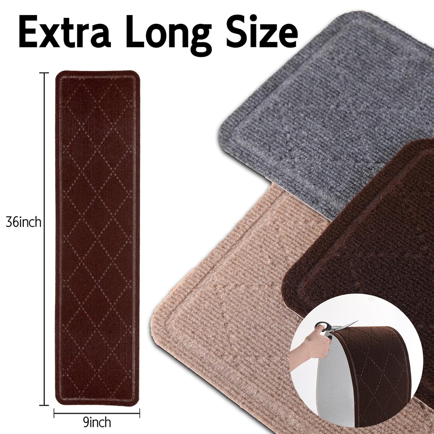 RIOLAND Carpet Stair Treads for Wooden Steps Indoor 9" x 36" Non Slip Stair Treads for Wood Stair with Reusable Adhesive, 15 Pack Peel and Stick Stair Runner for Kids Elders and Dogs, Diamond Gray