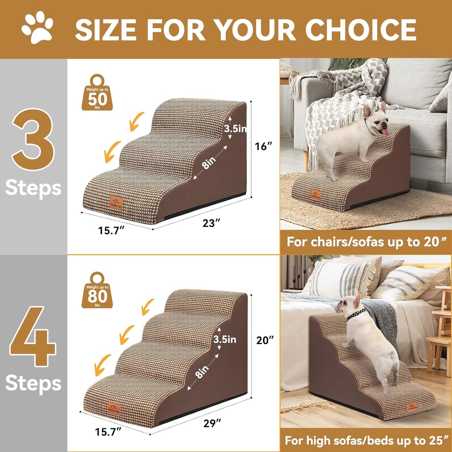Zerbuger Dog Ramp and Stair for Bed 16" H-20 H,3-Step Cat Stair for Sofa and Chair,4-Step Dog Ramp for High Bed and Window,Durable Nonslip Fabric Cover for Indoor (Purple-20 H, Pet Friendly, 4)