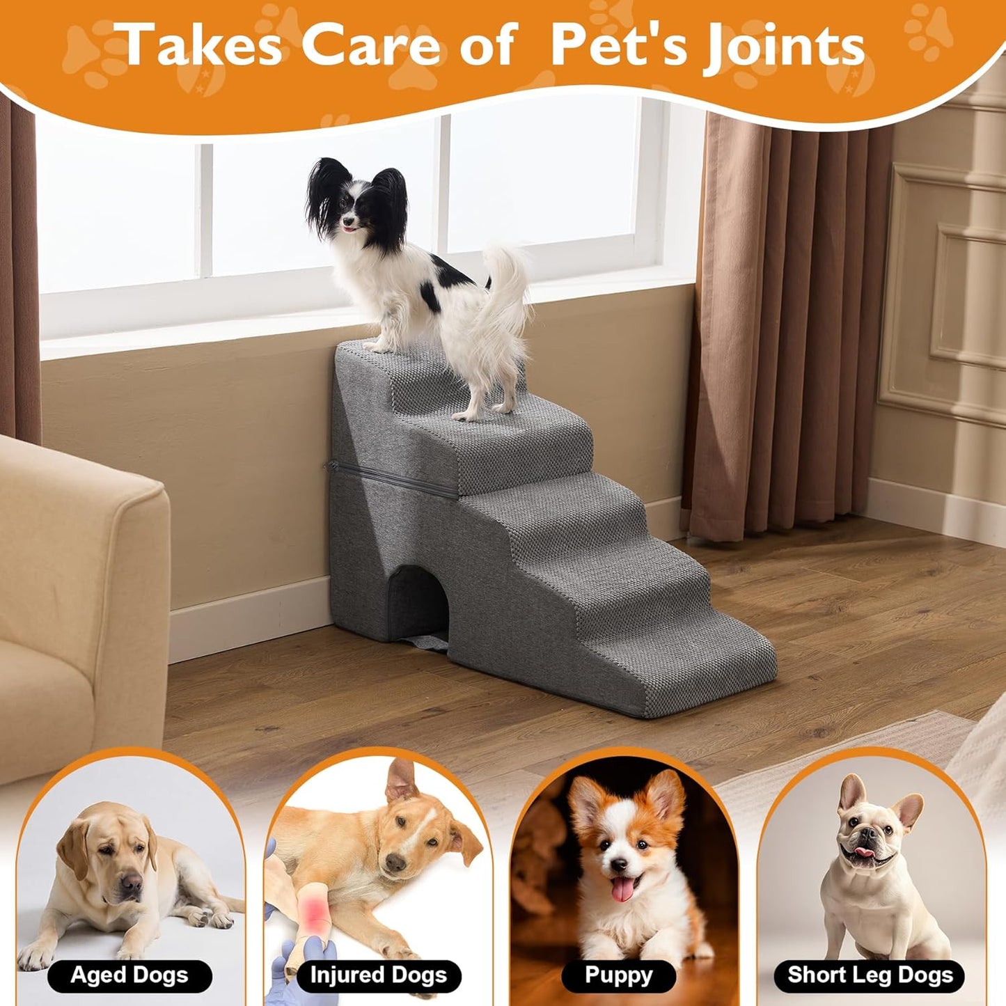 Dog Stairs for Bed 23’’ H, 5-Step Dog Steps for High Bed, Foldable Pet Stairs for Small Dogs and Cats to Get on Beds, Couch, Non-Slip Balanced Pet Steps and Ramp with Waterproof Cover, Grey