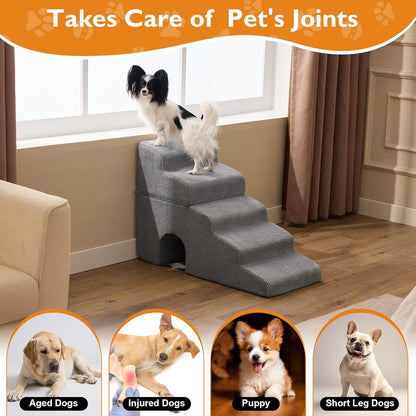 Dog Stairs for Bed 23’’ H, 5-Step Dog Steps for High Bed, Foldable Pet Stairs for Small Dogs and Cats to Get on Beds, Couch, Non-Slip Balanced Pet Steps and Ramp with Waterproof Cover, Grey