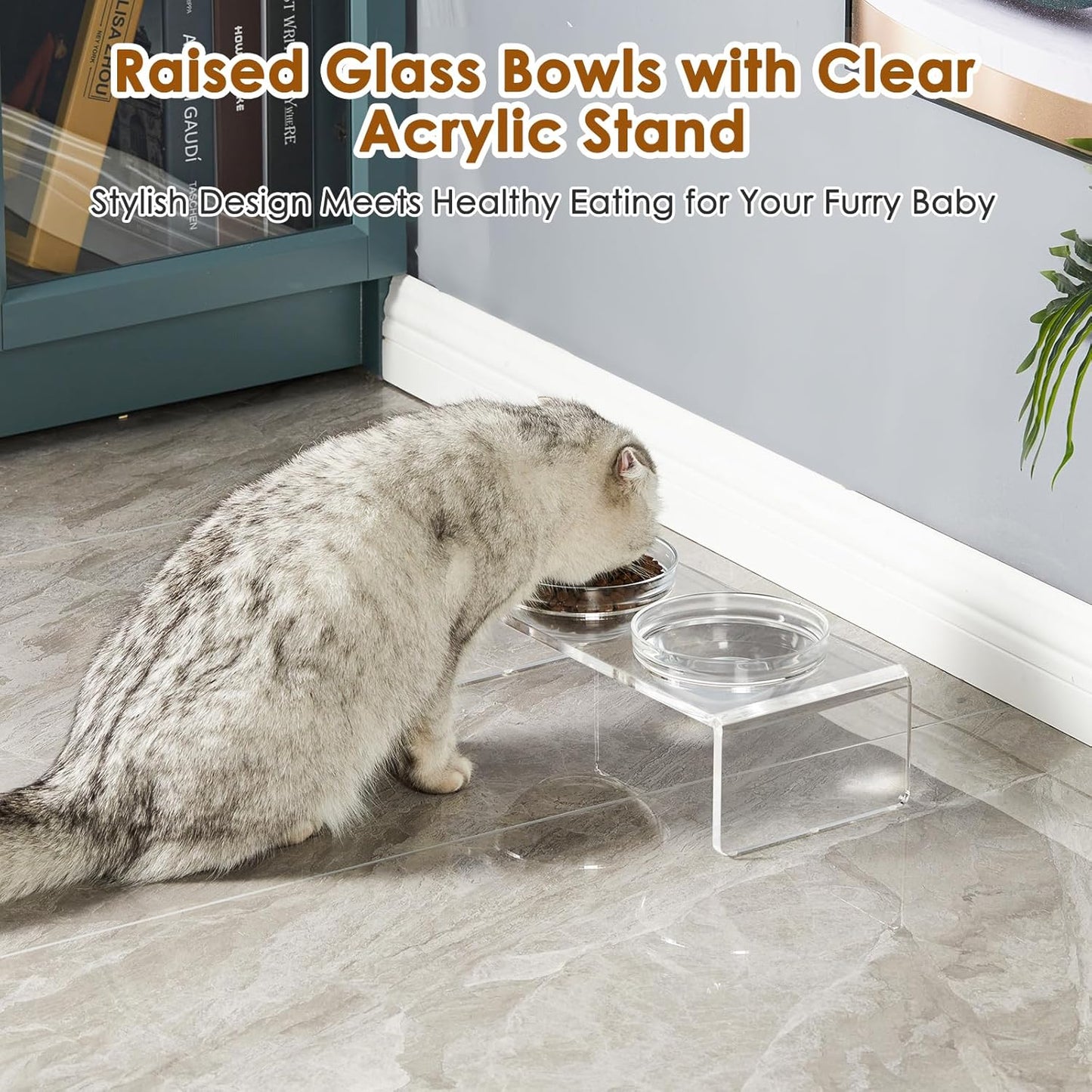 Acrylic Elevated Dog Cat Bowls Pet Feeder Double Bowl Raised Stand Comes with 4 Removable Stainless Steel Bowls. Perfect for Cats Puppies Small Dogs, 3.75 Inch