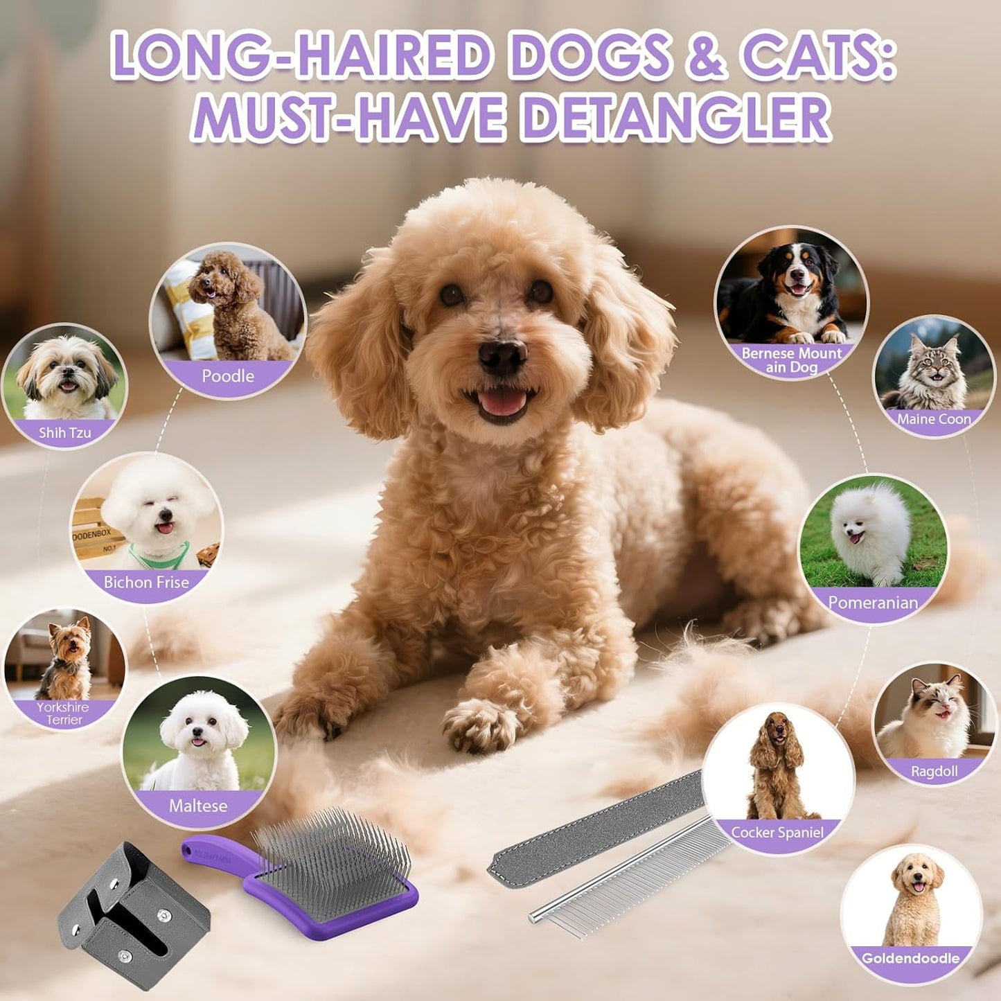 Large Slicker Brush for Dogs,Doodle Brush for Poodles, Goldendoodles, Labradoodle, Extra Long Pins for Detangling Matted Fur & Removing Tangle, Dog Grooming Kit with Wooden Handle. Black