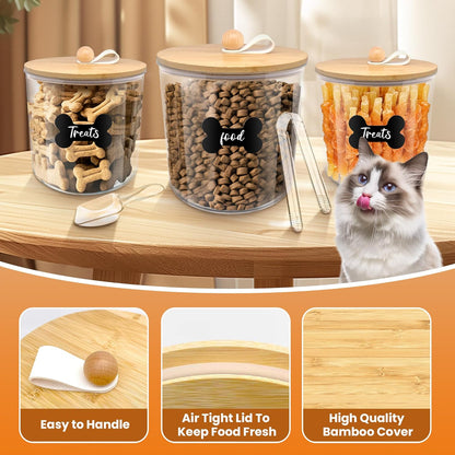 HOYTAMDAR 3 Pack Airtight Dog Food Storage Container, Dog Treat Container Dog Food Container with Wood Lids 8x7''&6x5'',Pet Food Storage Container,Cat Food Containers with Scoops,Clamp,Labels,Pens