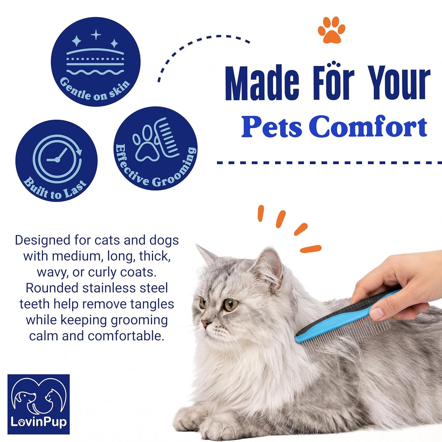 Pet Mat Remover – Professional Dematting Comb for Dogs and Cats – Stainless Steel Rounded Teeth for Gentle Knot & Tangle Removal – Dog Dematting Tools & Dog Grooming Supplies