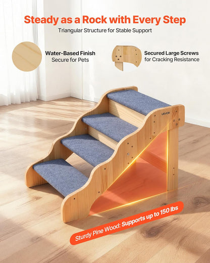 VEVOR Wood Pet Stairs, 2-Step Dog Stairs for Beds, Sofa & Cars, 110lbs Load Capacity, Floded Flat Design, Stable & Sturdy Cat & Dog Step Ladder for Small Medium Large Older Pet Puppy Essentials