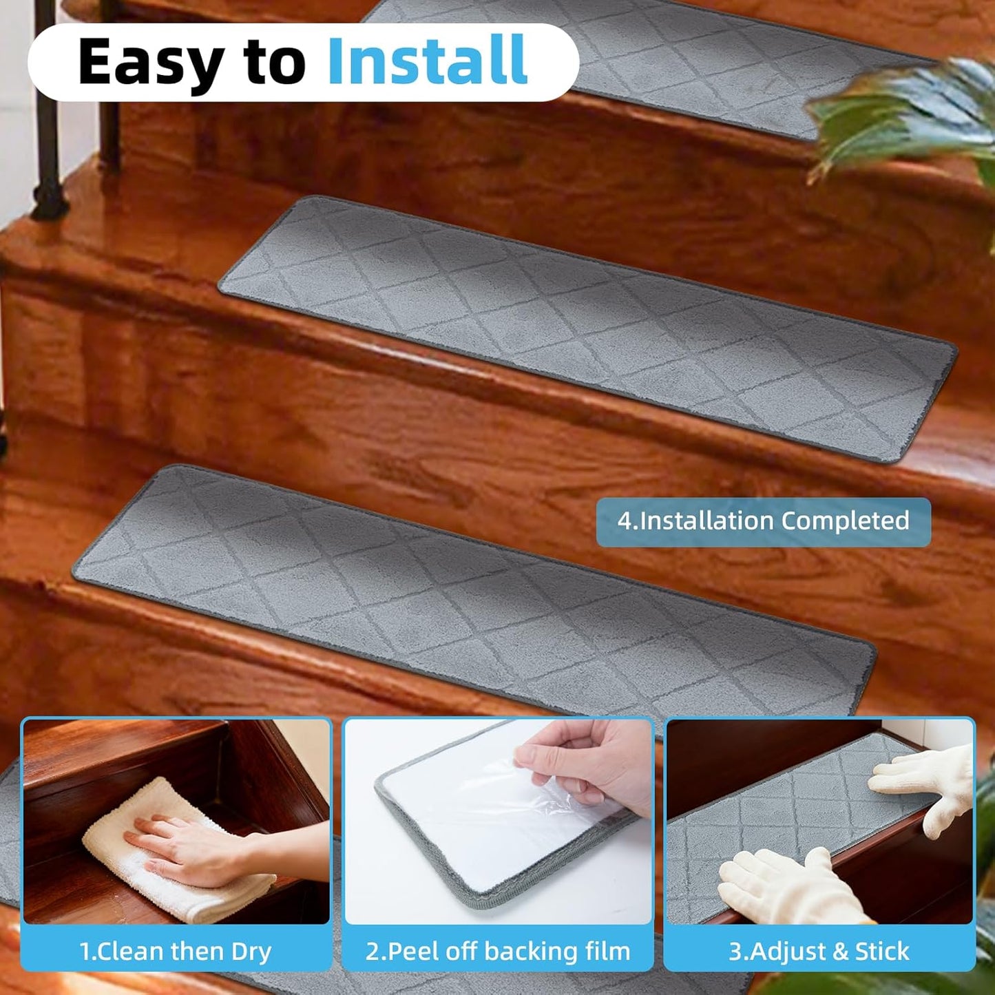 Art3d Stair Treads for Wooden Steps 15Pcs, 8" X 30" X 0.3" Non Slip Stair Runner Rugs with Reusable Adhesive for Elders Kids and Dogs, Washable Peel and Stick Stair Treads Carpet, Gray