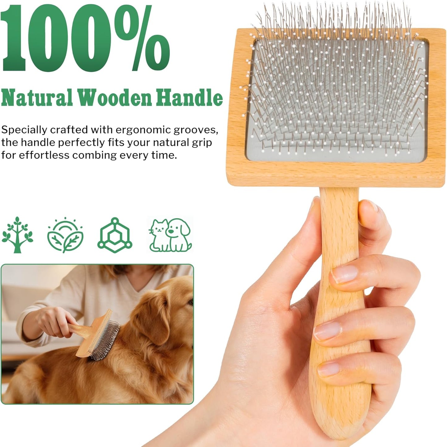 Slicker Brush for Long-Haired Dogs & Cats, Professional Dog Grooming Brush for (Goldendoodles, Poodles, Labradoodles), Large Pets Pin Tips Brushes with Natural Beech Wood Ergonomic Handle