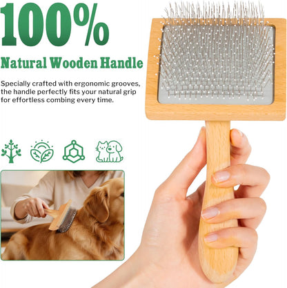 Slicker Brush for Long-Haired Dogs & Cats, Professional Dog Grooming Brush for (Goldendoodles, Poodles, Labradoodles), Large Pets Pin Tips Brushes with Natural Beech Wood Ergonomic Handle