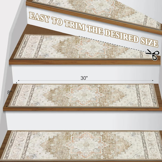 Pauwer Carpet Stair Treads for Wooden Steps Indoor 15 Pack 8" X 30" Peel and Stick Stair Treads Non Slip Staircase Step Treads Reusable Stair Runner Rugs for Dogs, Kids and Elders