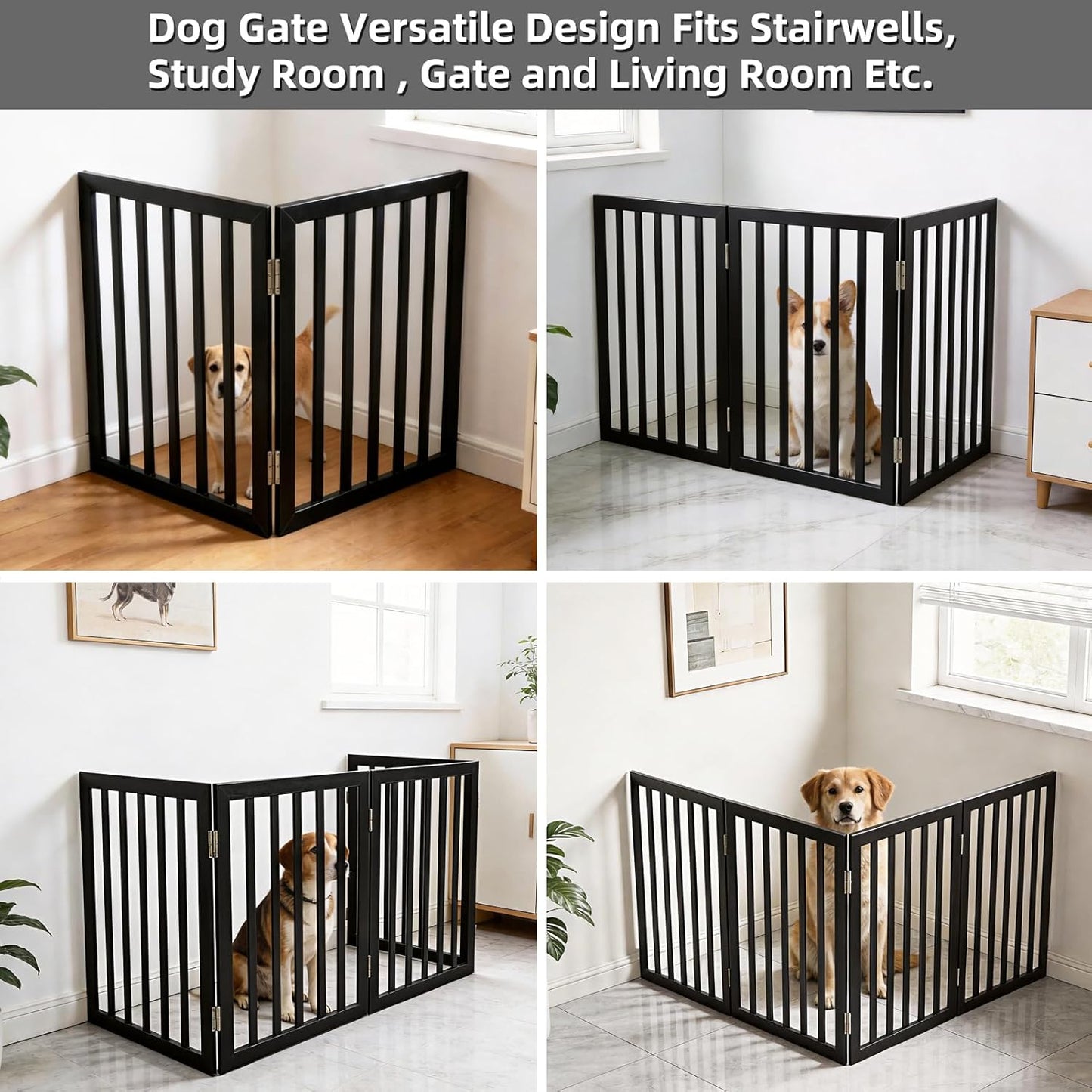 Dog Gate Indoor, Freestanding Dog Fence for The House, Doorways, Hallways,or Stairs,Pet Gate Foldable Wooden,Expandable 24" Height 3 Panels,White