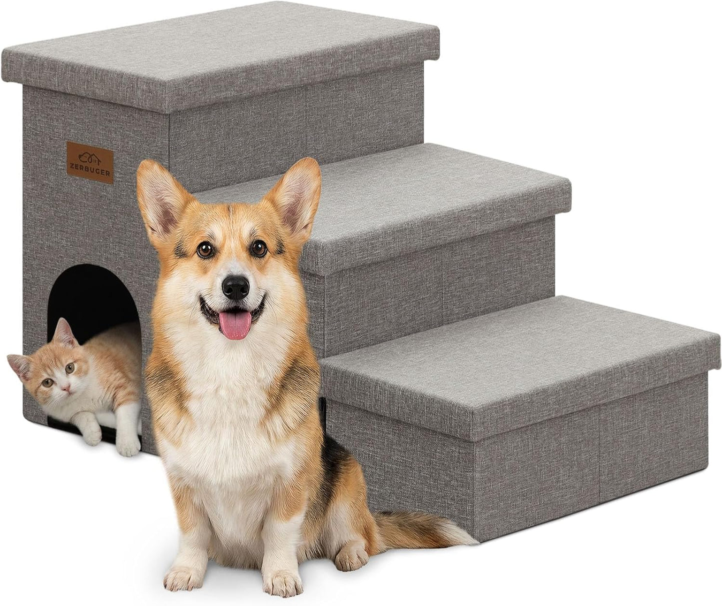 Zerbuger Wider Dog Ramp for High Bed with Storage 18" H, Foldable Dog Stairs for Small Medium Large Older Senior Animal, Sturdy Dog Step for Climbing Bed or Couch, Arthritis-Friendly (Gray, No Condo)