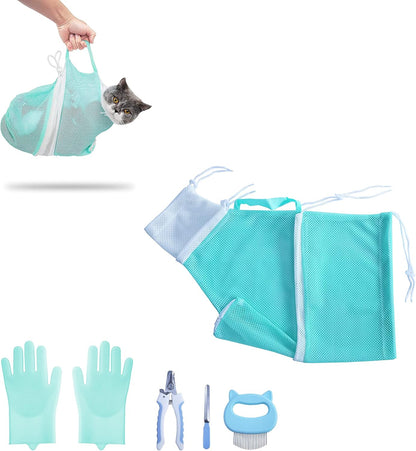 KlerRoem Cat Bathing Bag, Adjustable Anti-bite and Anti-Scratch Shower Mesh Grooming Bag for Pet Dogs, Includes Pet Nail Clipper, Nail File, Grooming Glove, and Cat Shell Comb