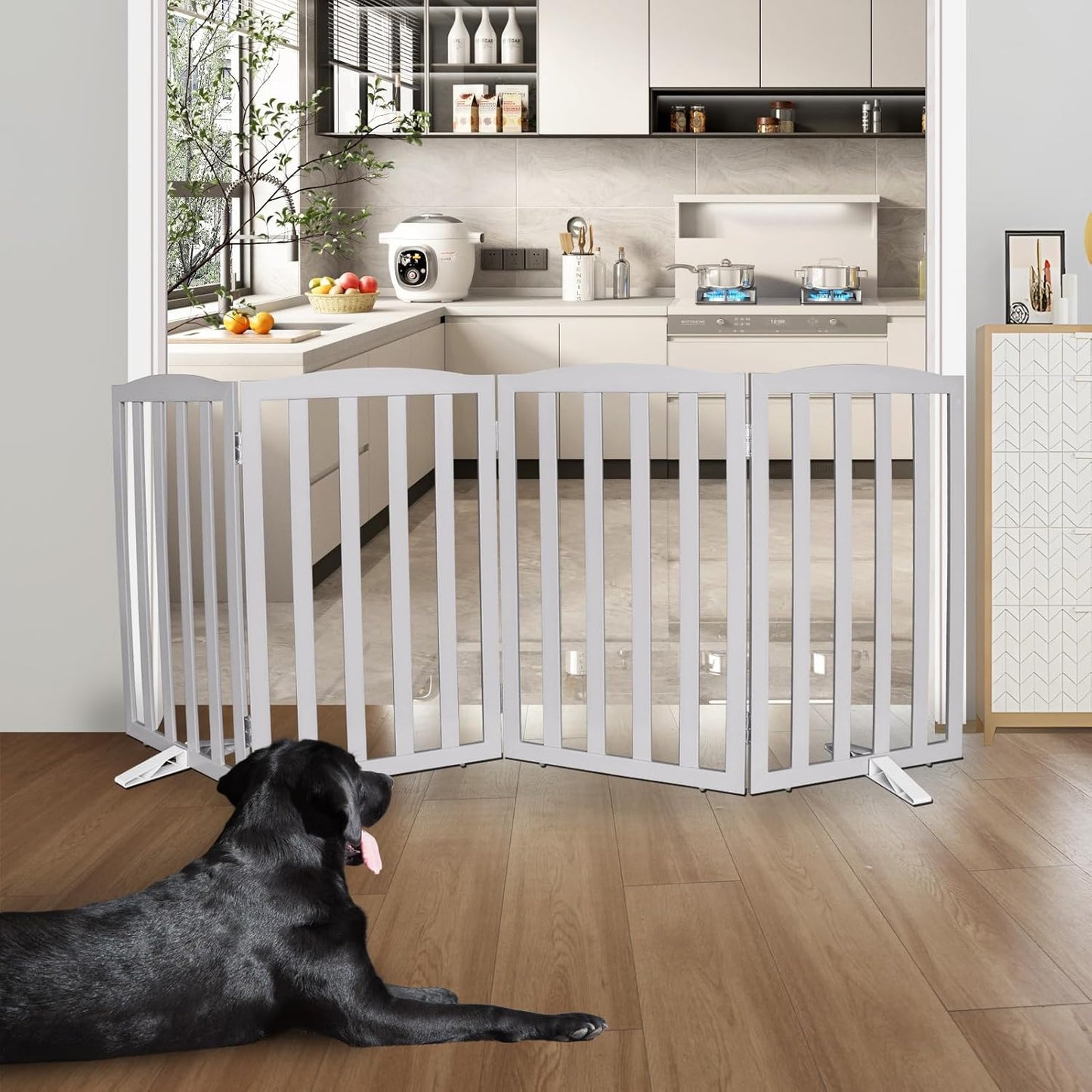 ZJSF Foldable Freestanding Indoor Dog Gate for House Wood White Long Pet Gates Dog Fence for Stairs Puppy Gates for Hallways,Pet Fence, Puppy Gate,Support Feet Included 24 "Height-3 Panels