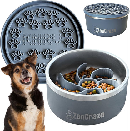 Stainless Steel Slow Feeder Dog Bowl for Large Dogs | 64 oz, Non-Slip Base with Textured Lick Mat Lid & Silicone Slow Feeder Insert – Deep Anti-Gulp Metal Puzzle Bowl for Large Breeds (Steel Gray)