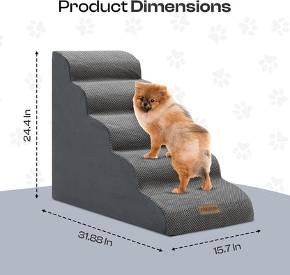 Dog Stairs for High Beds Up to 30", Extra-Tall 5-Step Dog Steps for Bed, 24.5" Tall Foam Pet Stairs for Small & Medium Dogs, Gentle Slope Cat Ramp for Bed with Washable Cover