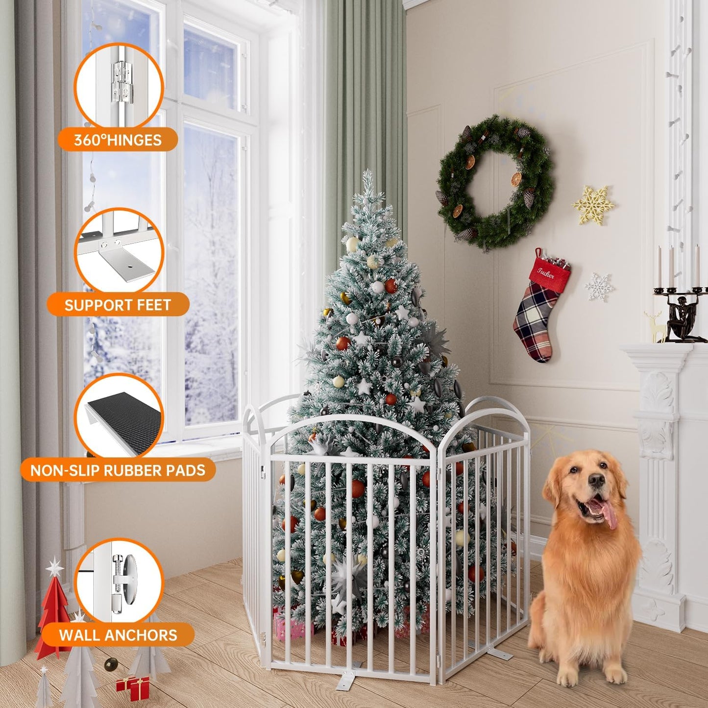 SNUOWU 4 Panels Full Matel Freestanding Dog Gates with Door, 96"Extra Wide 32"Tall Free Standing Dog Pet Gate for Indoor & Outdoor. Foldable Pet Fences for Doorways, House, Stairs, Porch, Deck, Yard